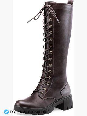 Women's Knee High Combat Boots Chunky Platform Heel Lace Up Zip Closure